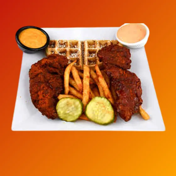 Nanu's hand-breaded chicken tenders with hot fries and dipping sauces