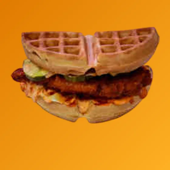 Nanu's Waffle Sando - crispy chicken and pickles in a Belgian waffle